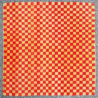 Antique Tibetan Red and Yellow Checkerboard Rug