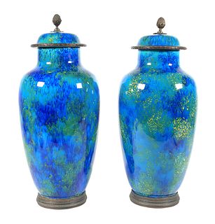 Pair Paul Milet Sevres Blue Flambe Porcelain Vases