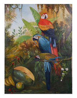 Antique Oil Painting of Parrots, Signed