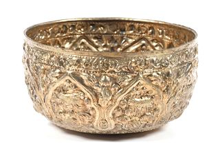 Antique Burmese Thai Silver Repousse Bowl 