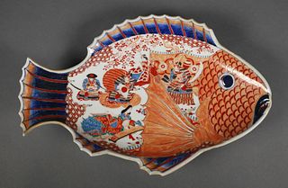 Signed Japanese Imari Porcelain Fish Form Platter 