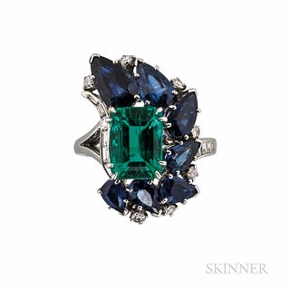 Platinum, Emerald, and Sapphire Ring