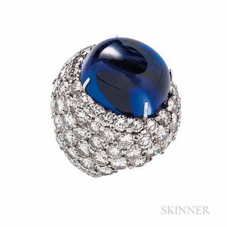 Platinum, Synthetic Sapphire, and Diamond Dome Ring
