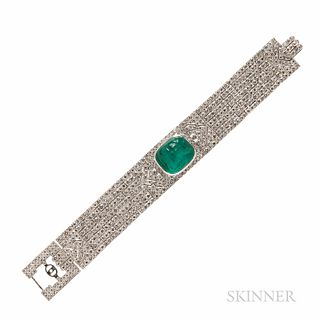 18kt White Gold, Carved Emerald, and Diamond Bracelet