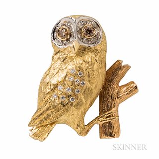 E. Wolfe & Co. 18kt Gold, Colored Diamond, and Diamond Owl Brooch