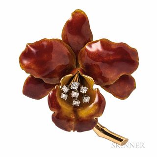 Tiffany & Co. 18kt Gold, Enamel, and Diamond Orchid Brooch