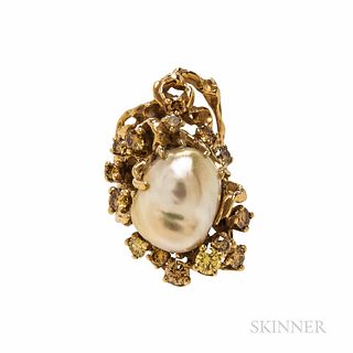Arthur King 18kt Gold, Golden Baroque South Sea Pearl, and Color-treated Diamond Ring