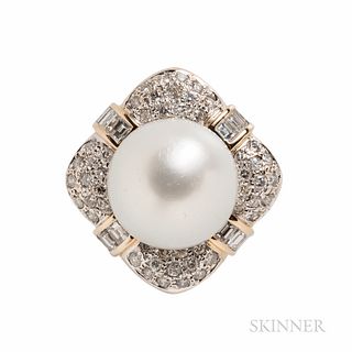 18kt Gold, South Sea Button Pearl, and Diamond Ring