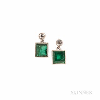 Platinum, Emerald, and Diamond Earrings