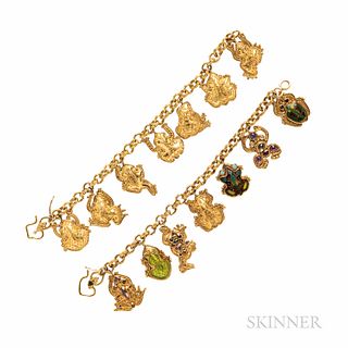 Two 22kt and 18kt Gold Frog Charm Bracelets