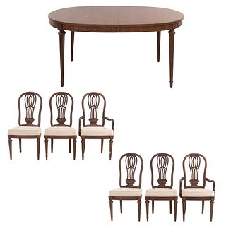 Comedor. Estados Unidos. SXX. En madera. Marca Thomas Ville Furniture. Consta de: mesa, 2 sillones y 4 sillas. 75 x 173 x 114 cm (mesa)