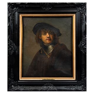 ANÓNIMO. Reproducción de la obra de Rembrandt Van Rijn. Selbstbildnis. Óleo sobre tela. Enmarcado.