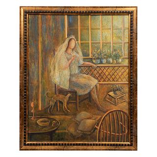 MARGOT. Mujer en la ventana. Firmado. Óleo sobre rigido. Enmarcado. 65.5 x 51.5 cm