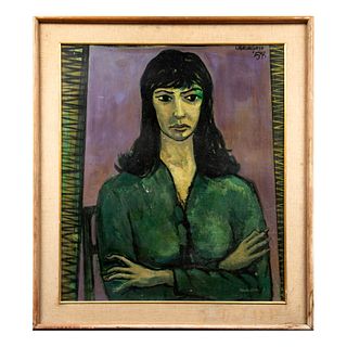 OMAR ANTONIO Retrato de personaje femenino Firmado y fechado '58 al frente Óleo sobre tabla Enmarcado 97 x 86 cm