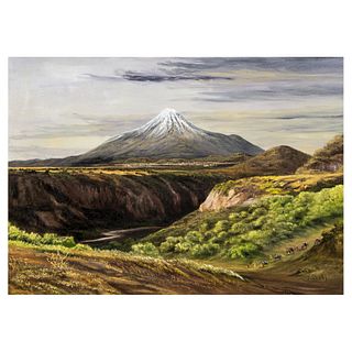 CARLOS PELESTOR. Pico de Orizaba desde Metlac. Óleo sobre tela. Firmado.  50 x 70 cm
