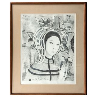 FROYLÁN OJEDA (Veracruz, Veracruz, 1932 - México, 1991) Dama  con mariposas.  Litografía, P / A.  Firmada y fechada 76.