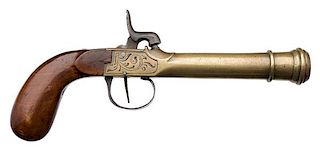Engraved Brass Engraved Cannon Barrel Percussion Single-Shot Pistol, ca 1840 
