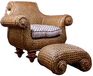Mackenzie Childs Wicker Chair and Ottoman
