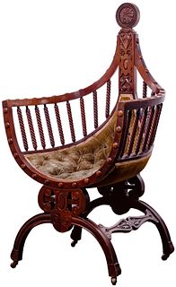 Gothic Renaissance Revival Velvet Curule Chair
