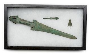 Bronze Age Dagger with Arrowhead and Small Pick in Wood and Glass Display 