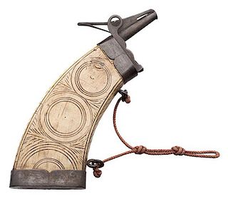 Wheelock Carved Horn Flask with Iron Mounts 