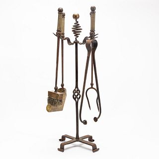 ARTS & CRAFTS STYLE IRON AND BRASS FIREPLACE TOOLS