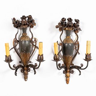 PAIR, COLONIAL REVIVAL TWO-LIGHT URN FORM SCONCES