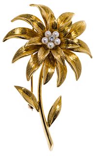 Tiffany & Co 18k Yellow Gold, Diamond and Pearl Flower Brooch