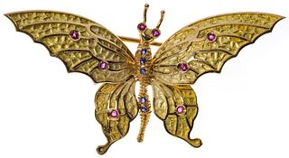 Tiffany & Co 18k Yellow Gold, Ruby and Sapphire Butterfly Brooch