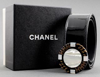 Chanel Black Patent Leather Casino Motif Belt