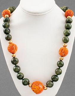 14K Yellow Gold Coral & Neprite Jade Bead Necklace