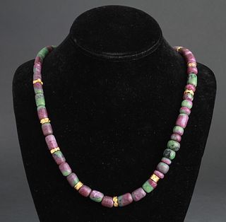 18K Gold Beads & Ruby in Fuchsite Beads Necklace