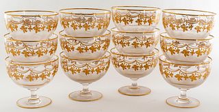 Parcel Gilt Lily Motif Footed Glass Bowls, 12