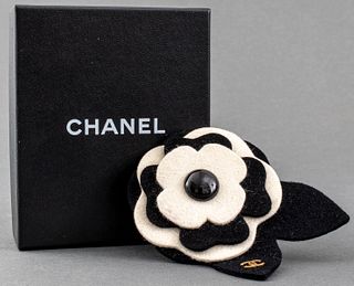 Chanel Black & White Felt Camellia Flower Brooch