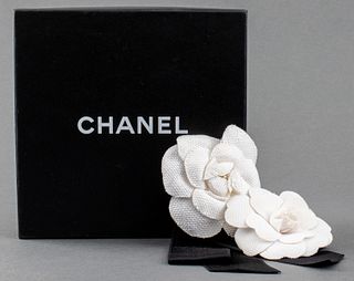 Chanel White Camellia Flower Brooches, 2 Pcs