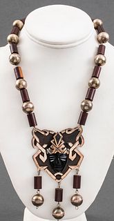 Diaz Taxco Silver Carved Onyx Wood Bead Necklace