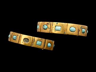 A Pair of Bactrian Gold and Turquoise Bracelets
Diameter of each 3 inches. 