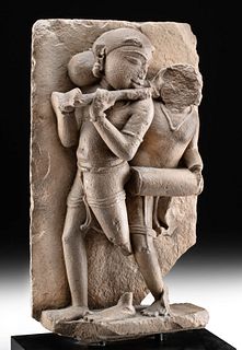 18th C. Indian Stone Panel – Flute Player + Drummer