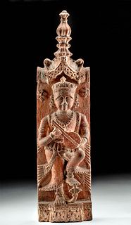 19th C. Indian Wood Relief Saraswati Music Goddess