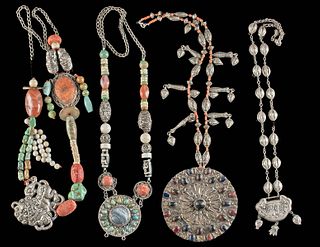 4 Vintage Tibetan Nickel-Brass, Silver Beaded Necklaces