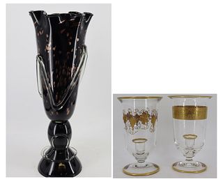 Tall Murano Glass Vase Together With 2 Hurricane