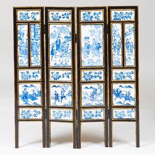 Chinese Blue and White Porcelain Mounted Ebonized Four Panel Table Screen
