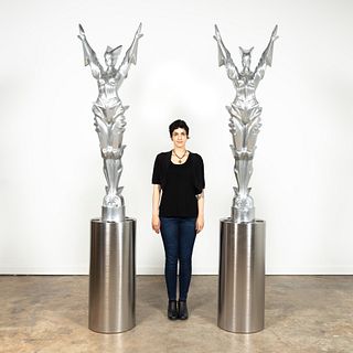 PAIR, ART DECO STYLE SILVERED STATUES ON PEDESTALS