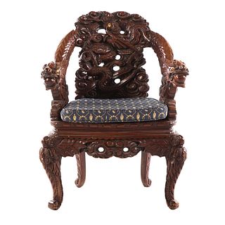 Chinese Export Carved Wood Arm Chair