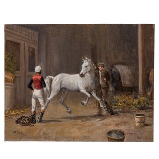 Nathaniel K. Gibbs. Jockey with White Horse, oil