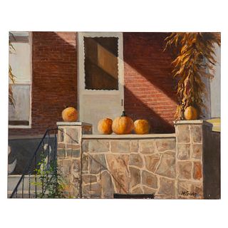 Nathaniel K. Gibbs. Pumpkins on the Porch, oil
