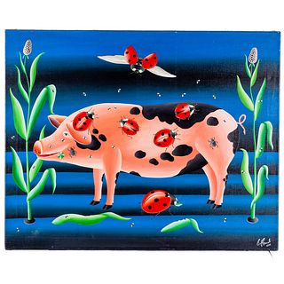 Erich Staub. Pig with Ladybugs, acrylic on canvas