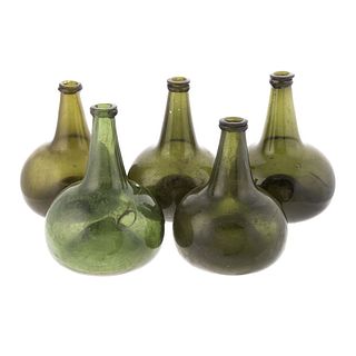 Five Dutch Green/Olive Glass Onion Bottles