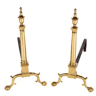 Pair Federal Brass Chippendale Influenced Andirons