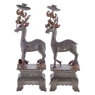 Pair Chinese Pewter Sacred Deer Joss Stick Holders